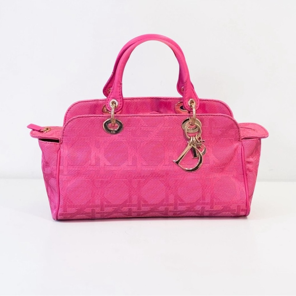 Auth LADY DIOR East West tote bag fushia Pink cannage silk jacquard Handbag RARE